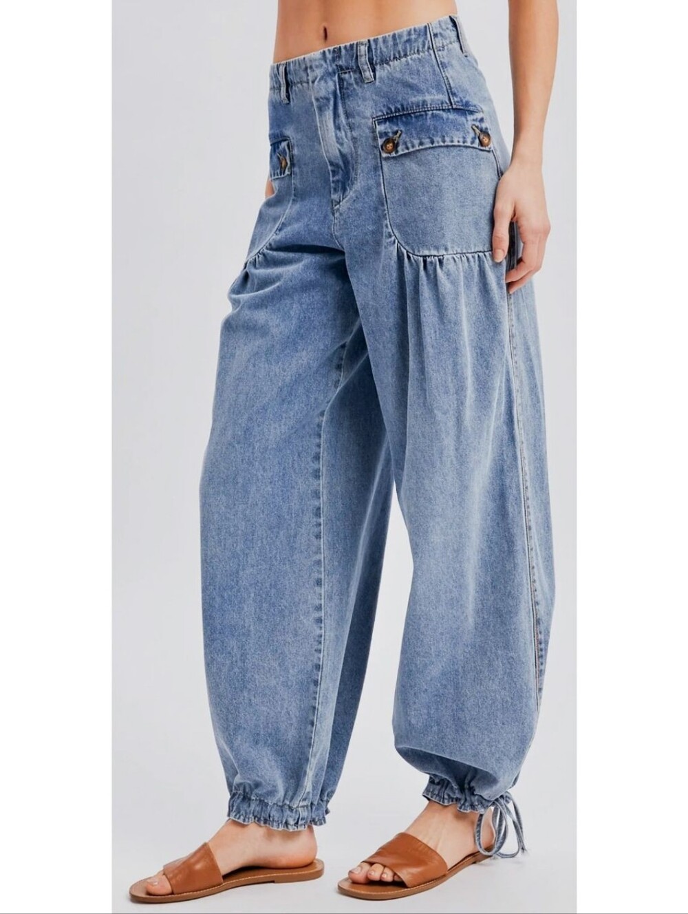 Balloon Drawstring Jeans Denim High Waisted Rise Boho Hippie Wide Leg Barrel
